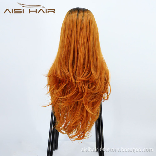 Aisi Hair High Quality 28 Inch Body Wave Curly Long Wavy Ombre Orange Lace Frontal Synthetic Hair For Black Women Lace Front Wig